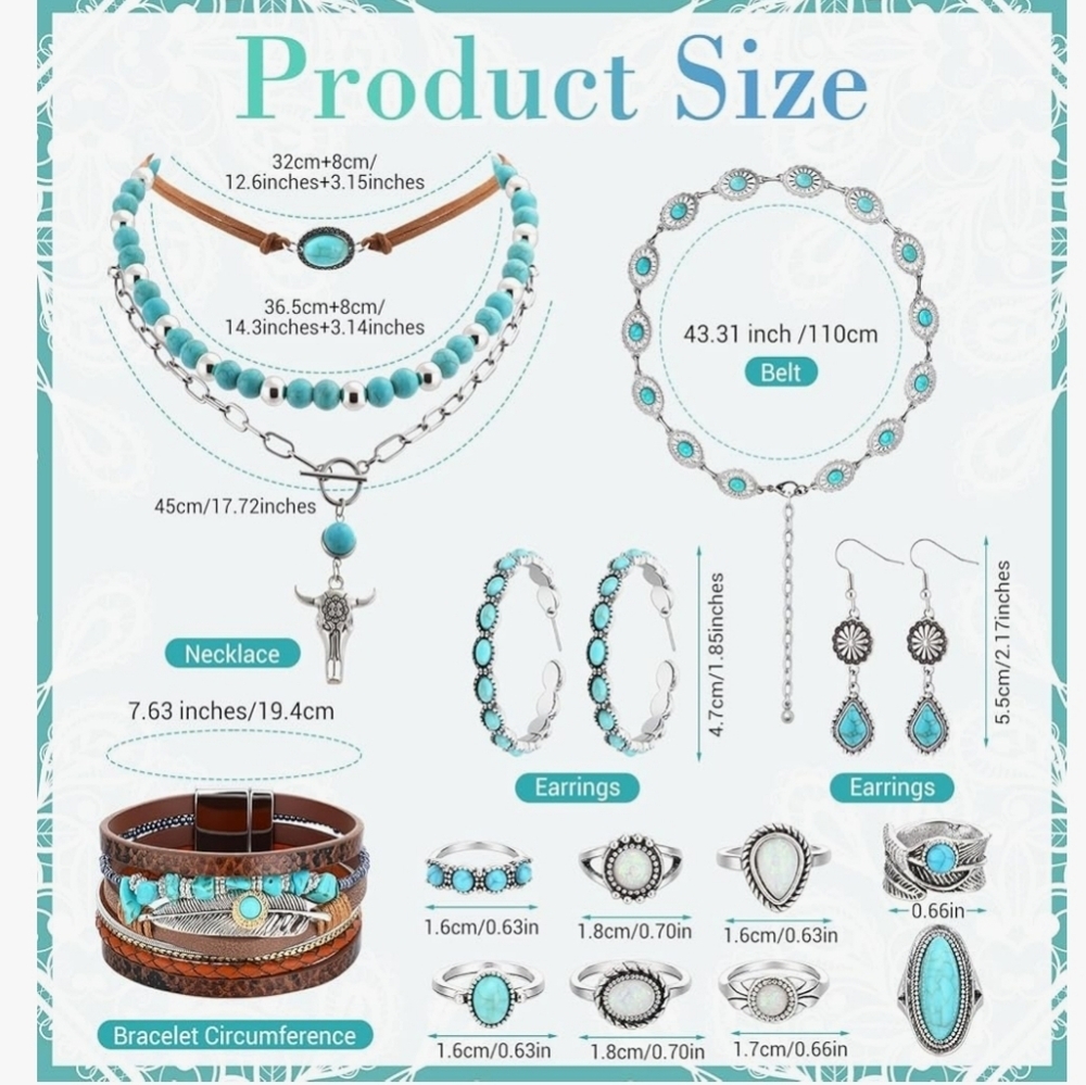 15 PCs Western Concho Belt Cowgirl Necklace, Dangle Earrings Rins Jewelry set - Picture 6 of 8